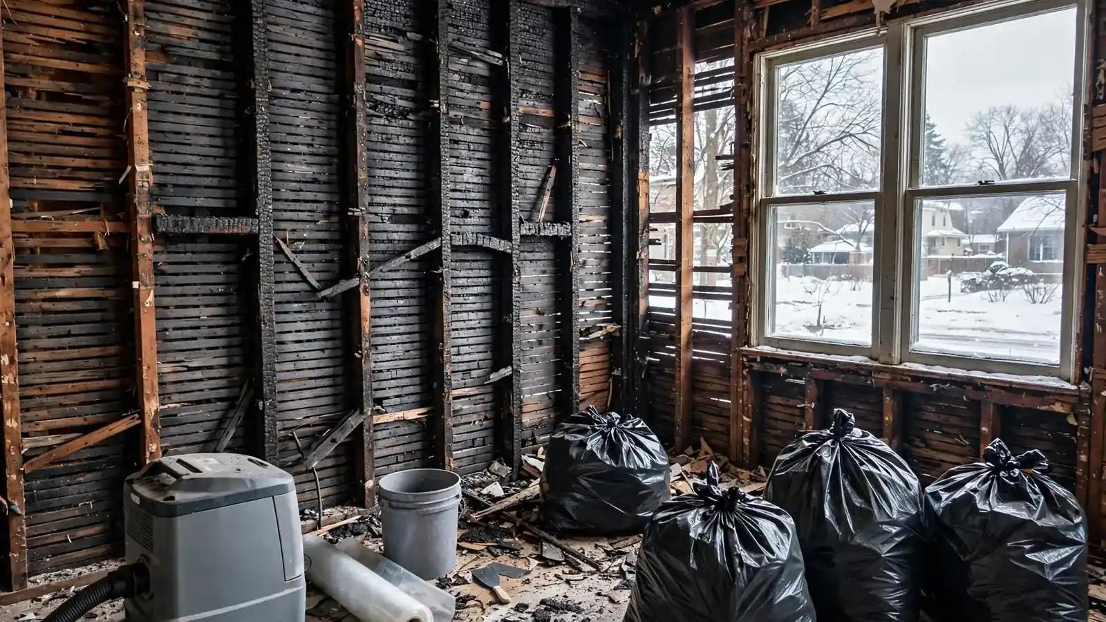 Room opened to darkened studs with contractor bags and snow outside