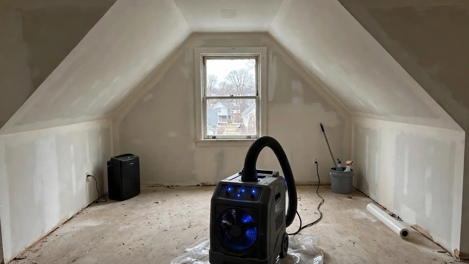 Odor treatment machine in an upstairs bedroom with sloped ceilings